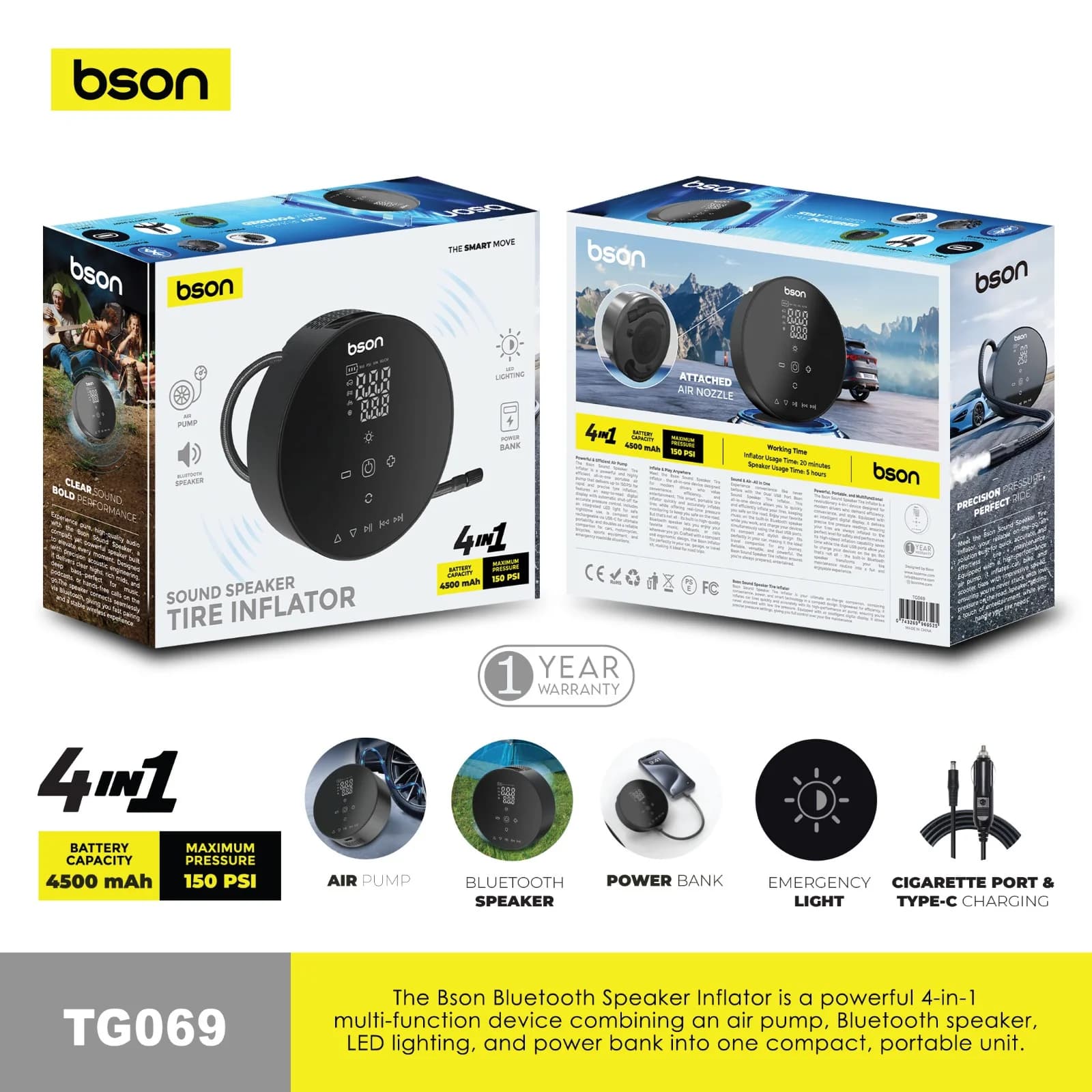 BSON Portable Tire Inflator with Bluetooth Speaker