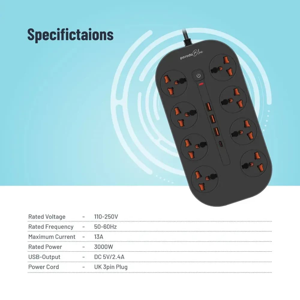 PorodoBlue Multi-Outlet Power Strip with USB Ports