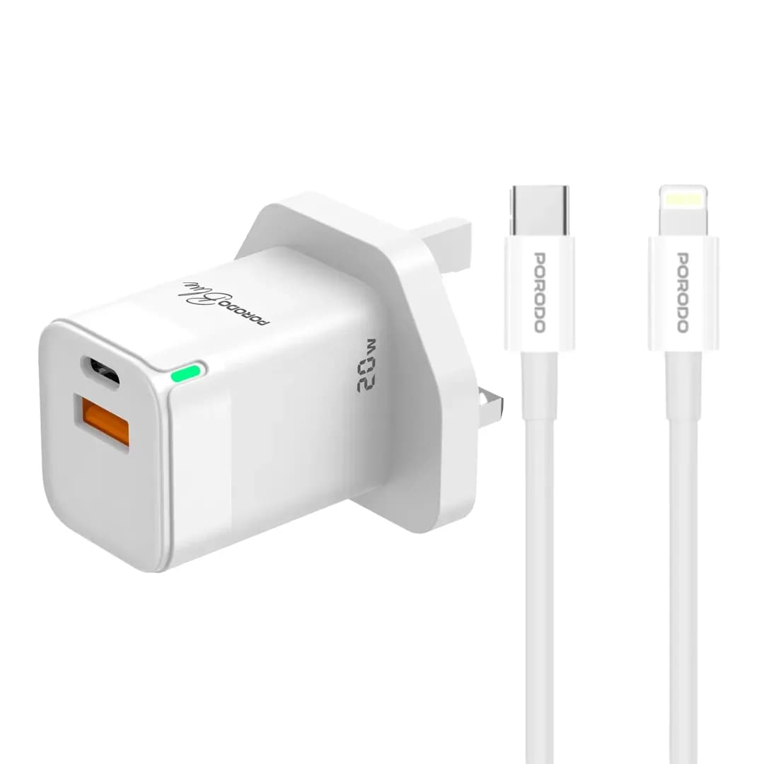 Porodo 20W USB-C & USB-A Wall Charger with USB-C to Lightning Cable