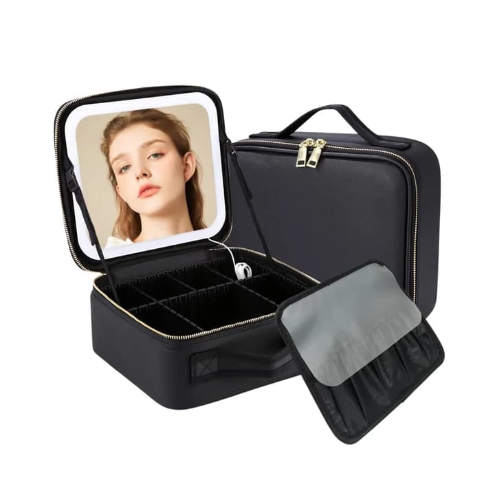 NEXSO Black Makeup Bag with LED Lighted Mirror Cosmetic Organizer