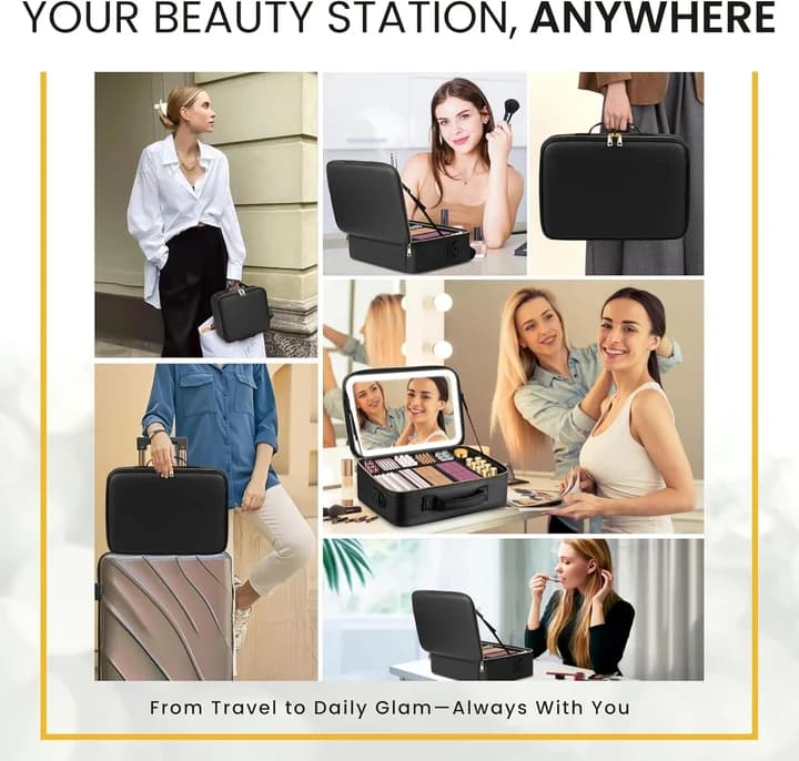 NEXSO Black Makeup Bag with LED Lighted Mirror Cosmetic Organizer
