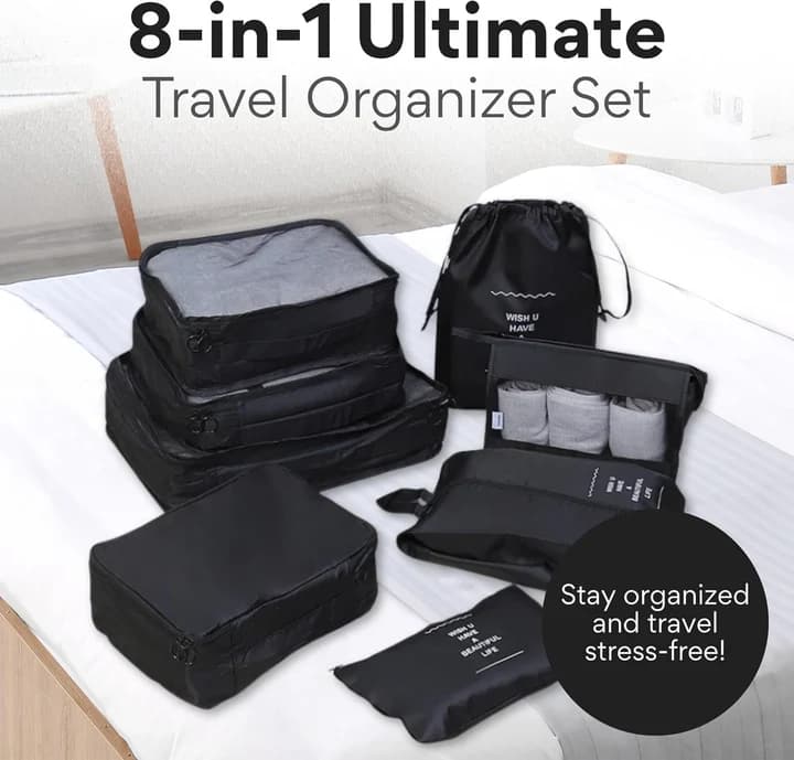 NEXSO 8-Piece Travel Organizer Packing Cube Set - Black