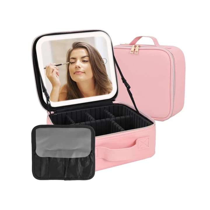 NEXSO Pink Makeup Bag with LED Mirror & Travel Cosmetic Organizer
