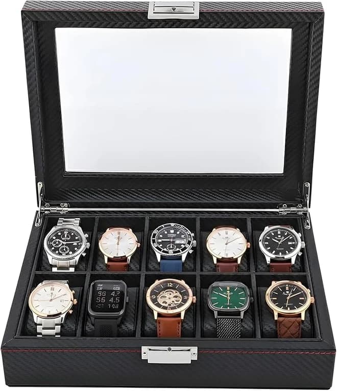 NEXSO Black Leather Watch Box Organizer with Glass Lid 10-Slot