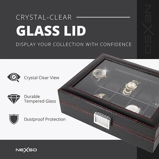NEXSO Black Leather Watch Box Organizer with Glass Lid 10-Slot
