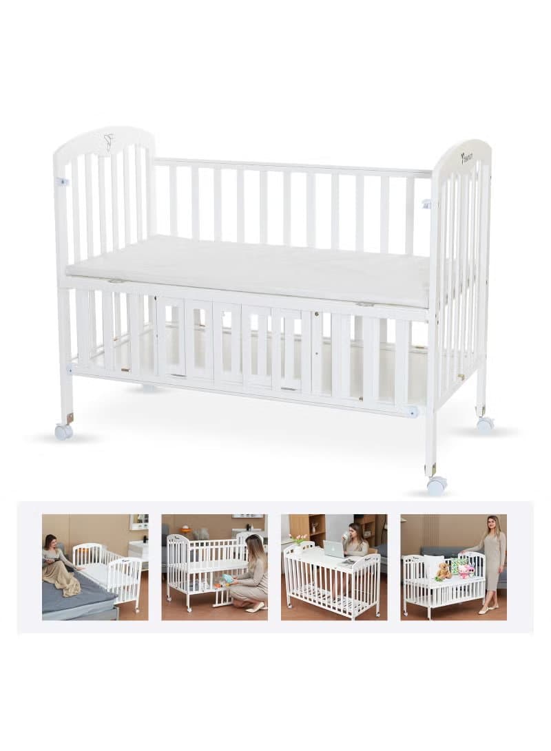 Teknum 4-in-1 Convertible Baby Cot & Bedside Sleeper with Storage and Mattress - White