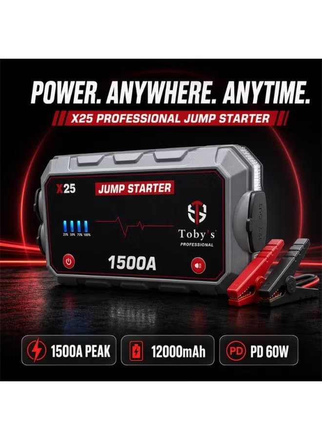 Toby's X25 1500A Peak Portable Car Jump Starter & 12000mAh Power Bank