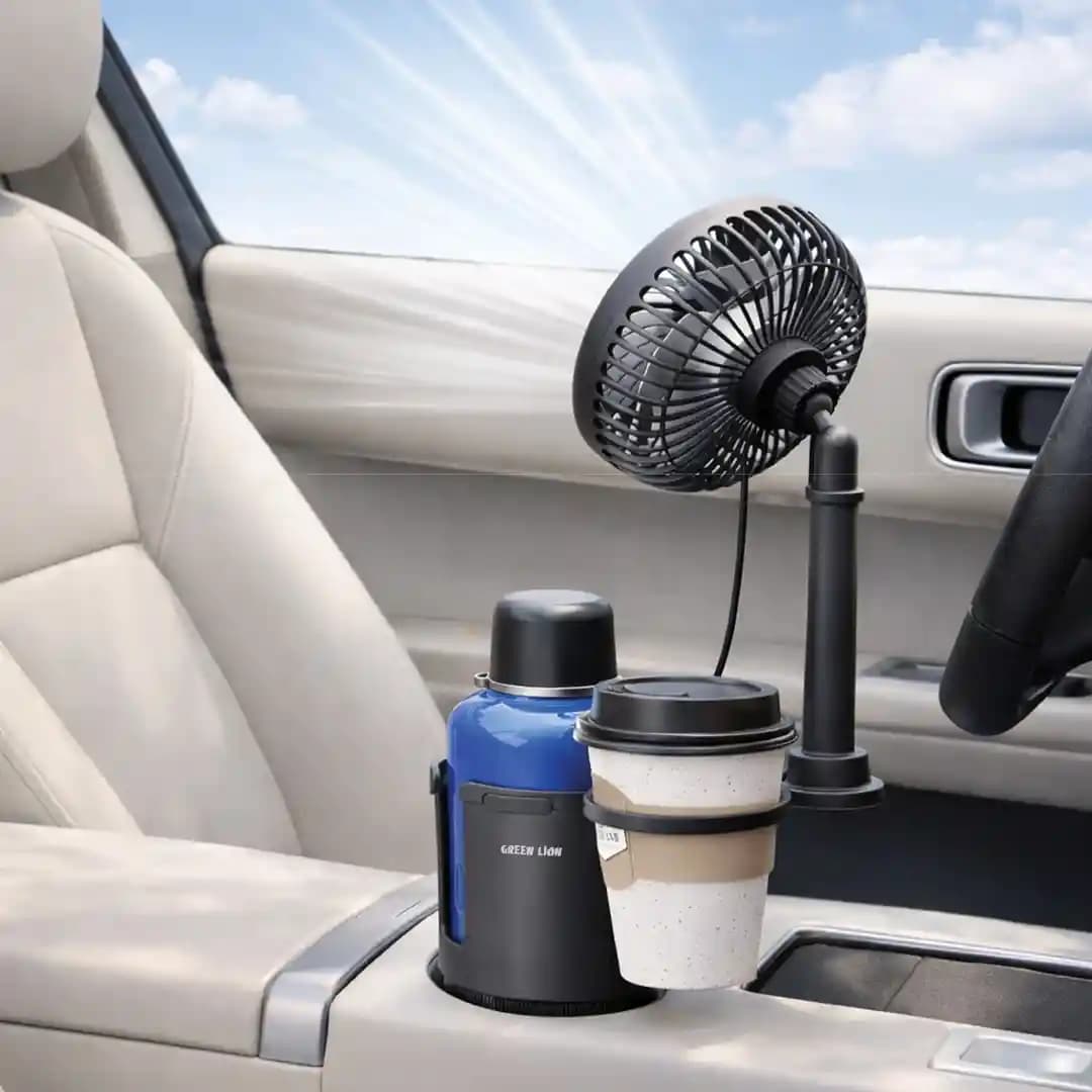 Green Lion Drive Fan Duo 2-In-1 Cup Holder with Car Fan - Black