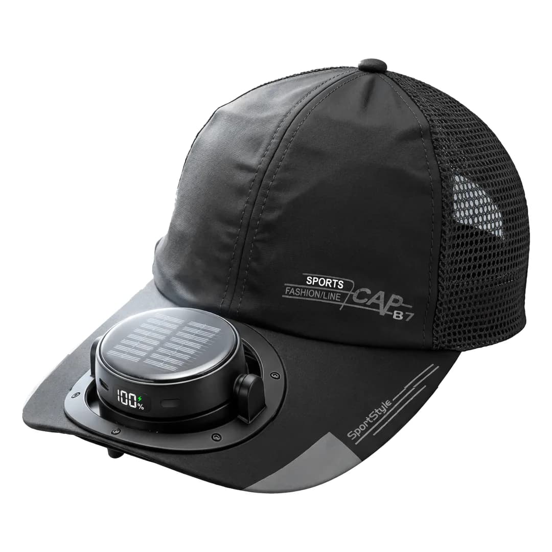 Green Lion Solar Cooler Cap with Rechargeable Bladeless Fan - Black