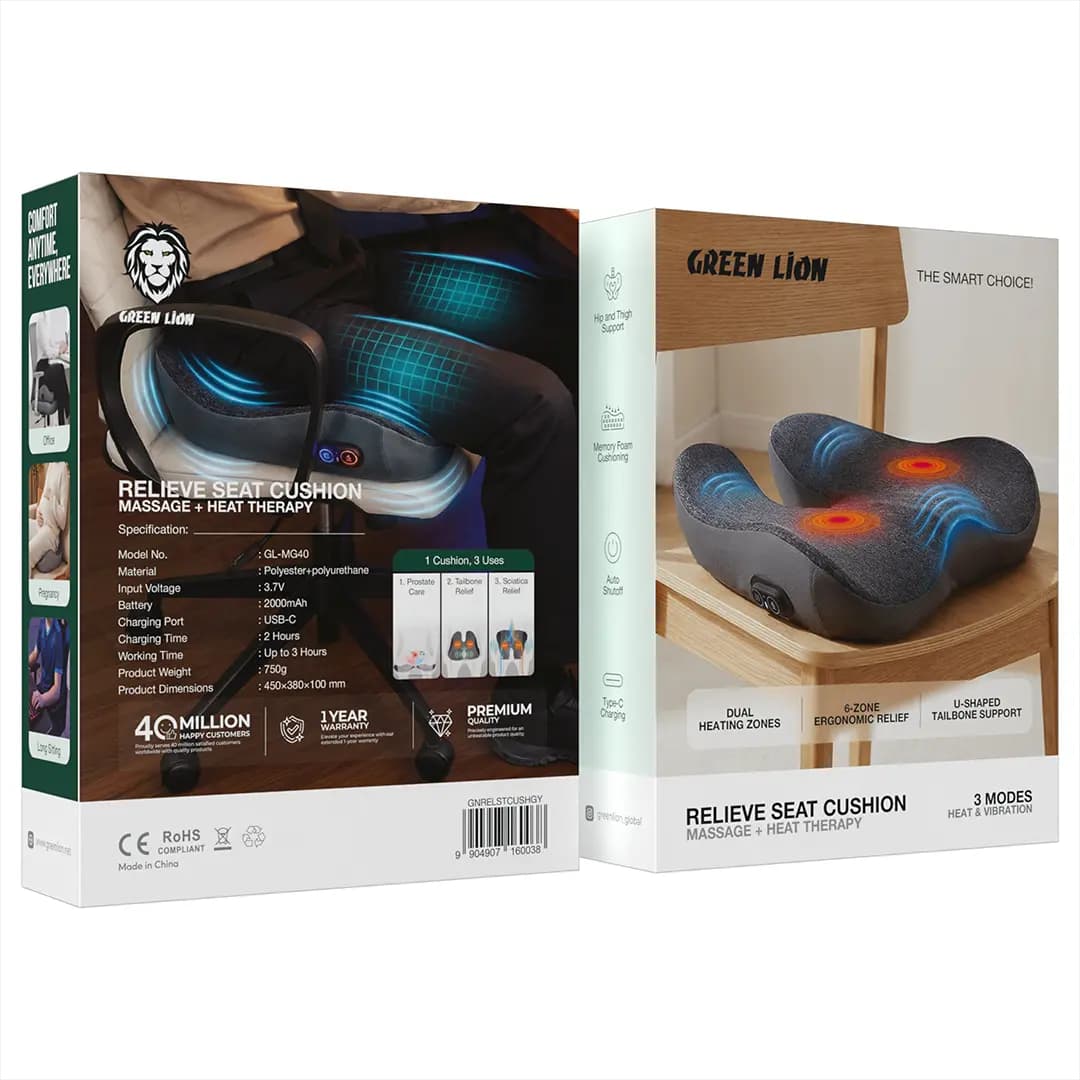 Green Lion Relieve Seat Cushion with Massage & Heat Therapy - Grey