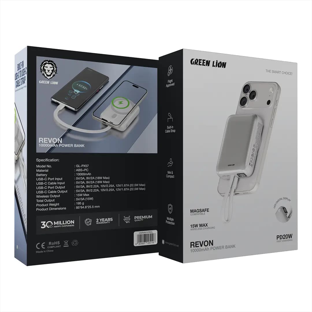 Green Lion Revon 10000mAh Wireless Power Bank with Built-in Cable