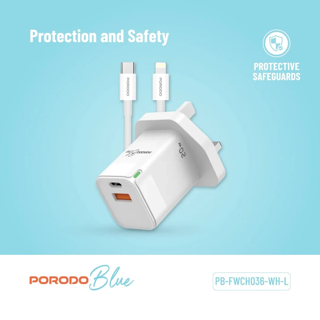 Porodo 20W USB-C & USB-A Wall Charger with USB-C to Lightning Cable 5