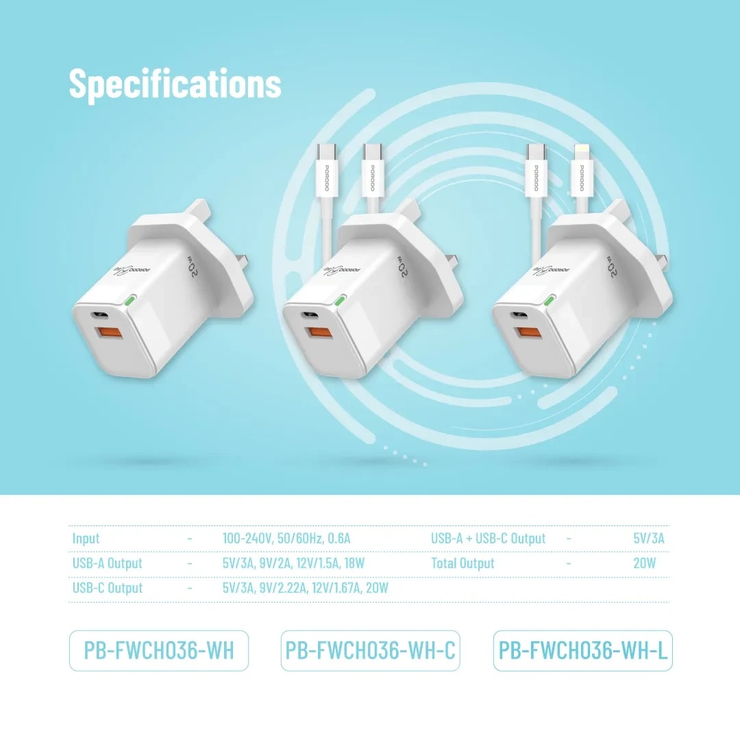 Porodo 20W USB-C & USB-A Wall Charger with USB-C to Lightning Cable 6