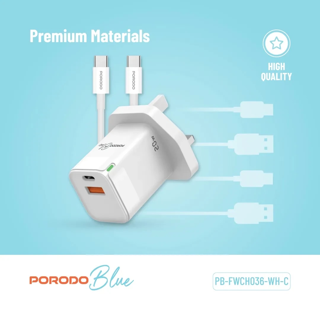 Porodo 20W USB-C Fast Charger with USB-C to USB-C Cable 4