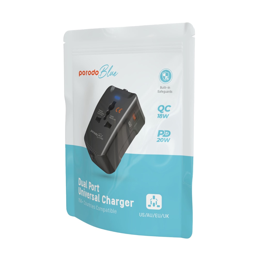Porodo Blue Travel Universal Adapter with Surge Protector 2