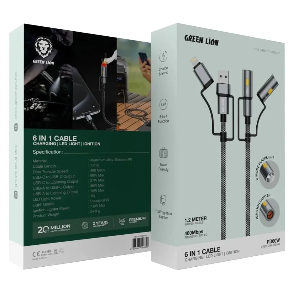 Green Lion 6-in-1 Charging Cable with LED Light and Ignition