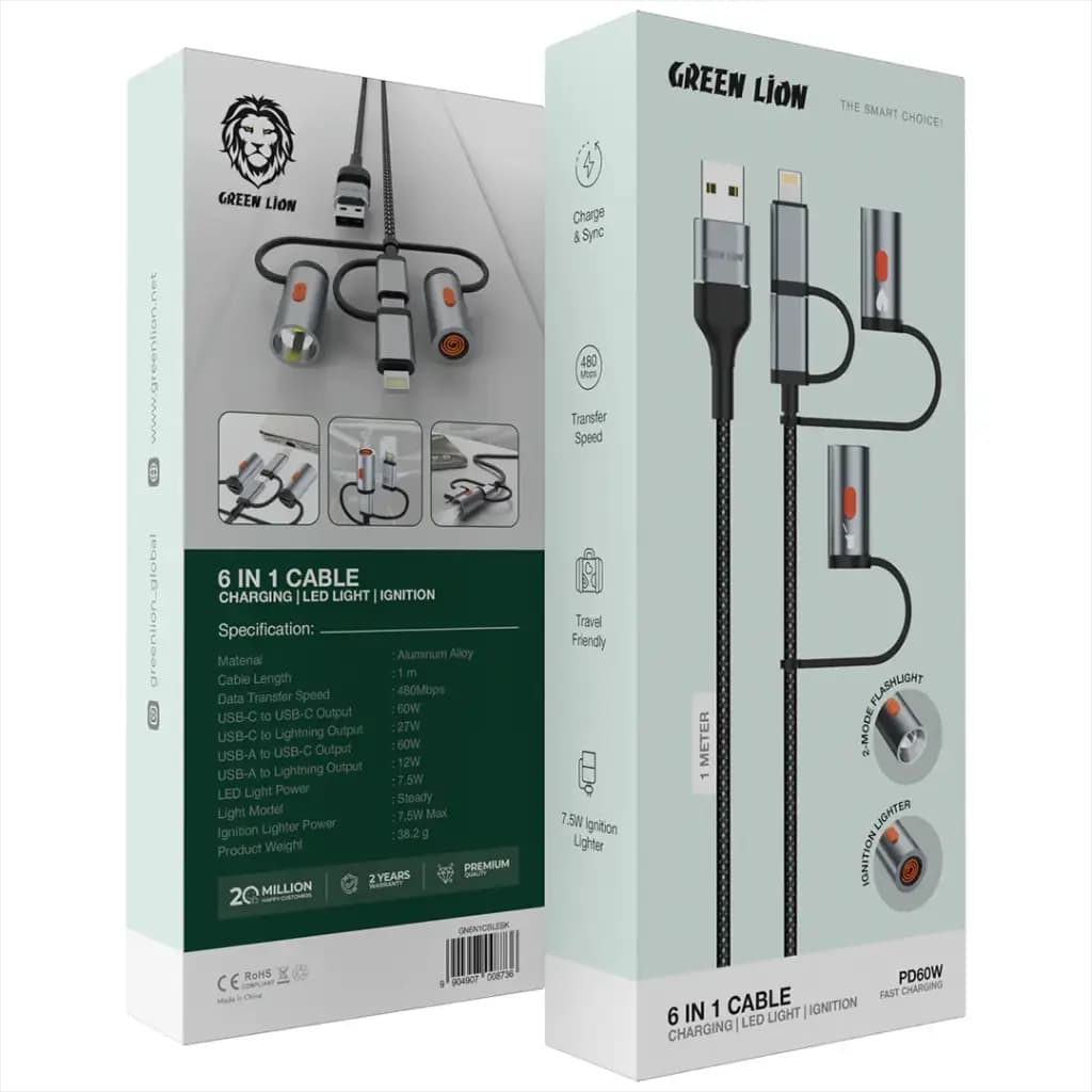 Green Lion 6-in-1 Charging Cable with LED Light and Ignition PD 60W