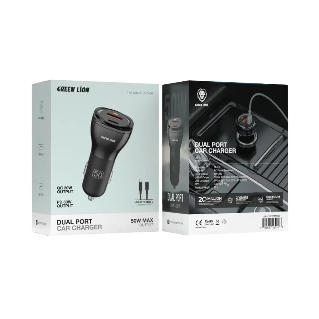 Green Lion Dual Port Car Charger 50W (PD 30W + QC 20W)