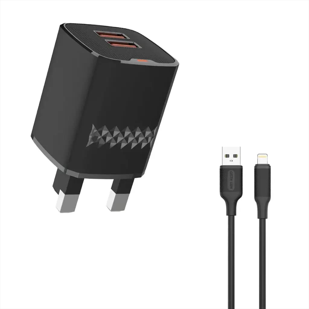 Green Lion Dual Port Wall Charger UK Plug with 2 USB-A Ports and 1m USB-A to Lightning Cable