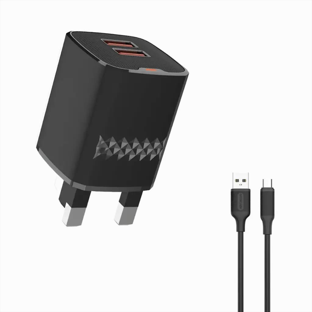 Green Lion Dual Port Wall Charger UK Plug with 2 USB-A Ports and 1m USB-A to Micro USB Cable