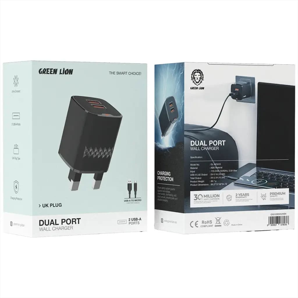 Green Lion Dual Port Wall Charger UK Plug with 2 USB-A Ports and 1m USB-A to Micro USB Cable