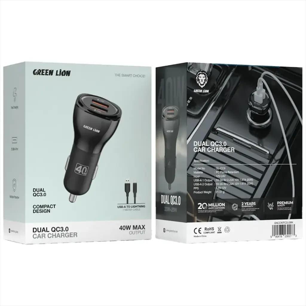 Green Lion Dual QC3.0 40W Car Charger with USB-A to Lightning Cable 1M