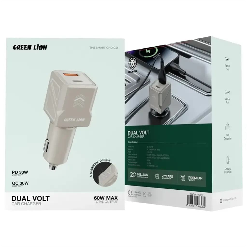 Green Lion Dual Volt Car Charger PD+QC 60W C to C 1m Cable