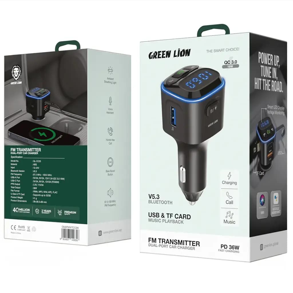 Green Lion FM TRANSMITTER Dual-Port Car Charger PD 36W
