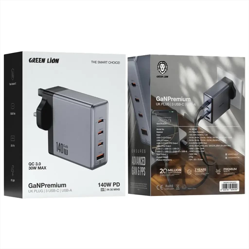 Green Lion GaN Premium 140W UK Plug Wall Charger PD+QC