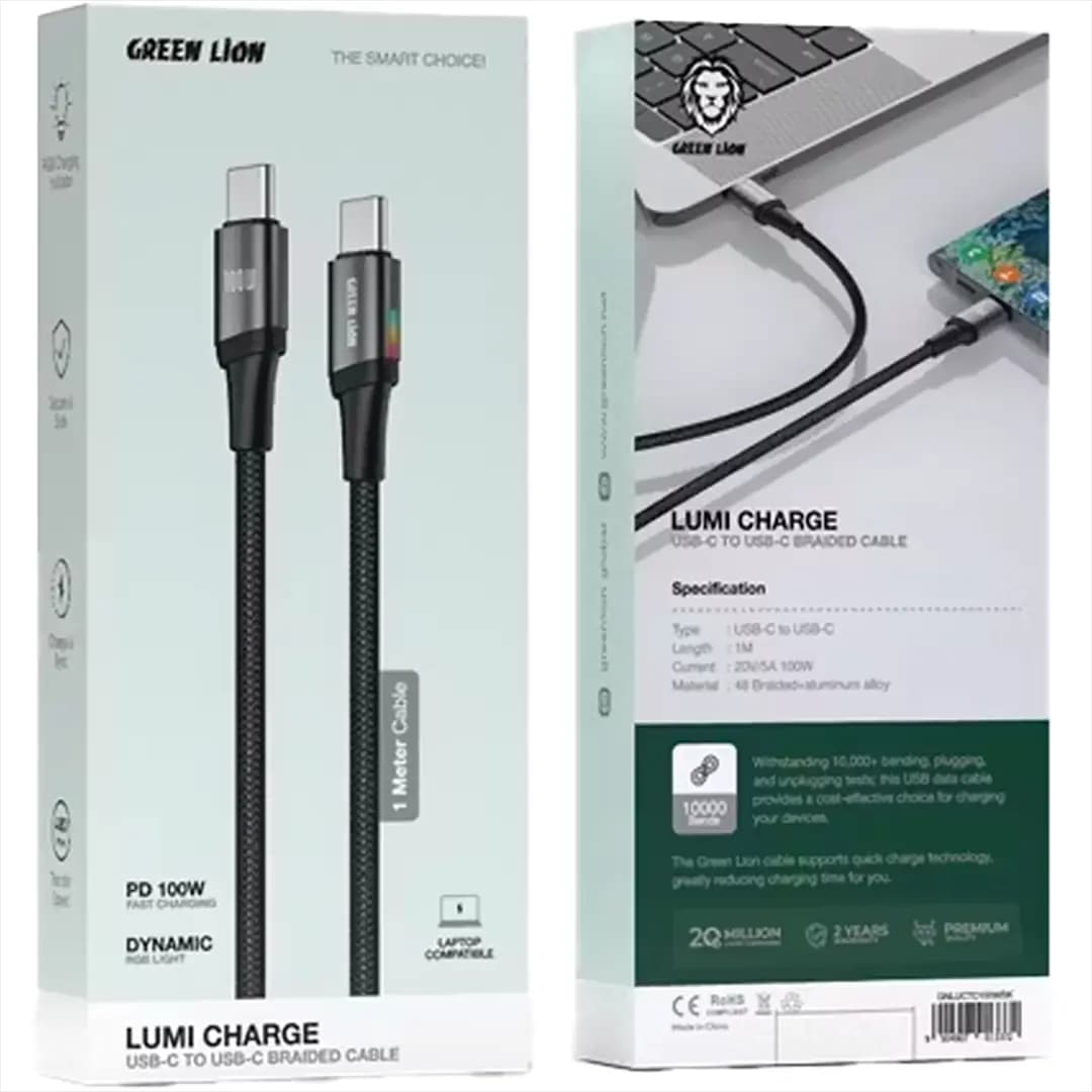 Green Lion Lumi Charge USB-C TO USB-C 1m Braided Cable PD 100W