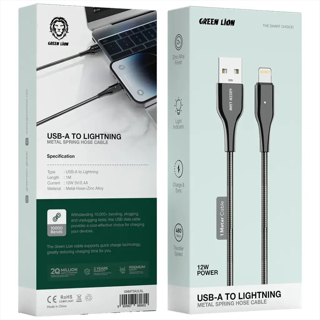 Green Lion Metal Spring Hose USB-A to Lightning Cable 1M 12W