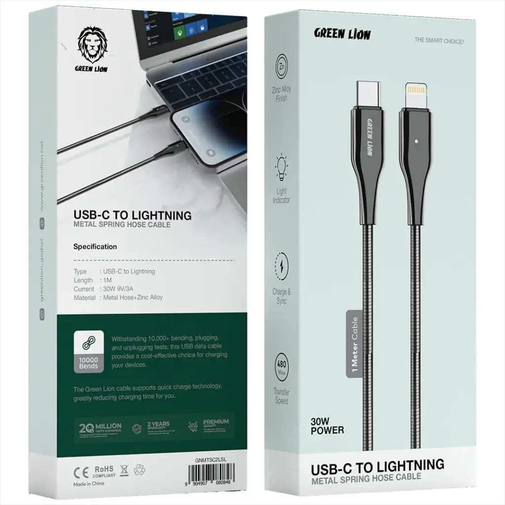 Green Lion Metal Spring Hose Cable USB-C To Lightning 30W 1M Cable
