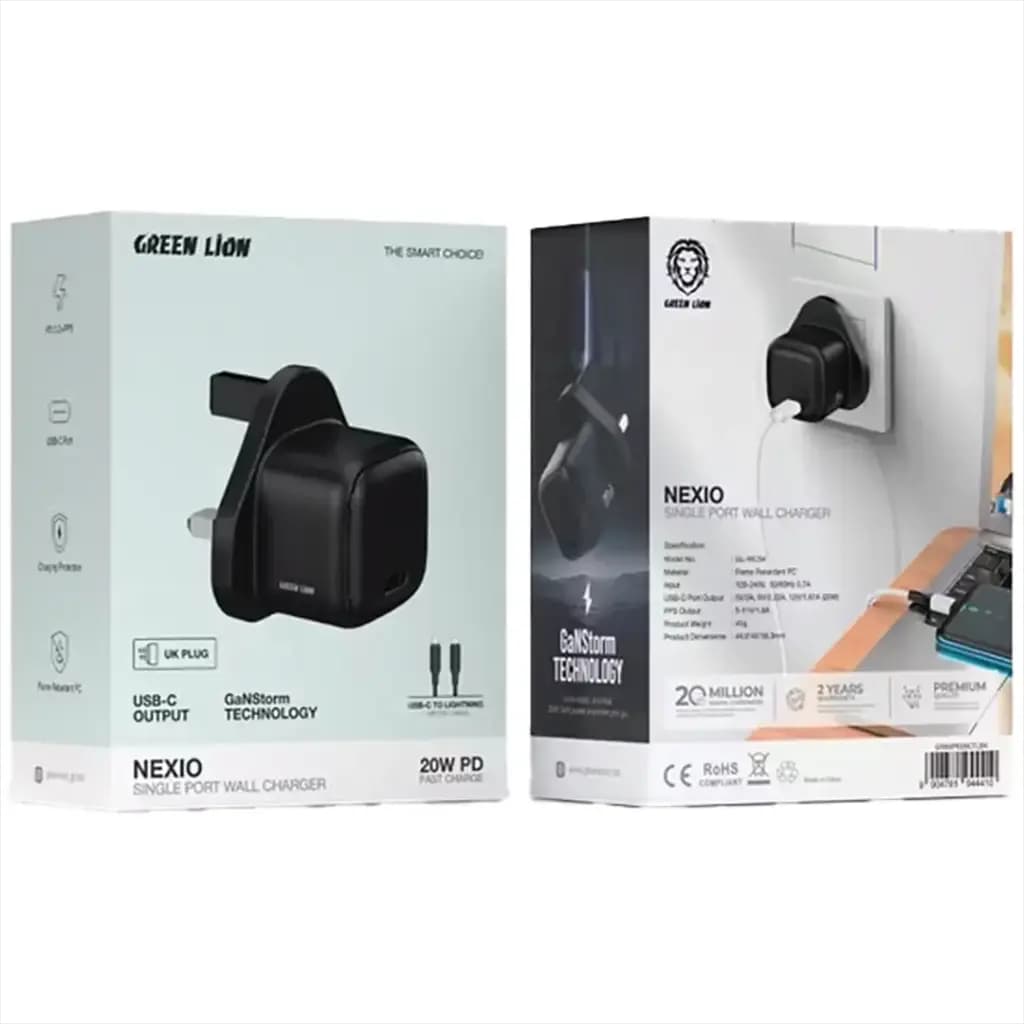 Green Lion NEXIO 20W Single Port Wall Charger UK Plug with USB-C to Lightning Cable