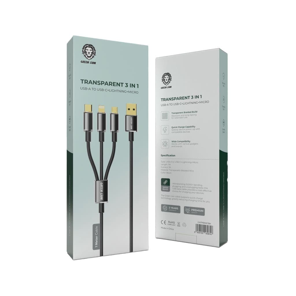 Green Lion Transparent 3 In 1 USB-A To USB-C + Lightning + Micro