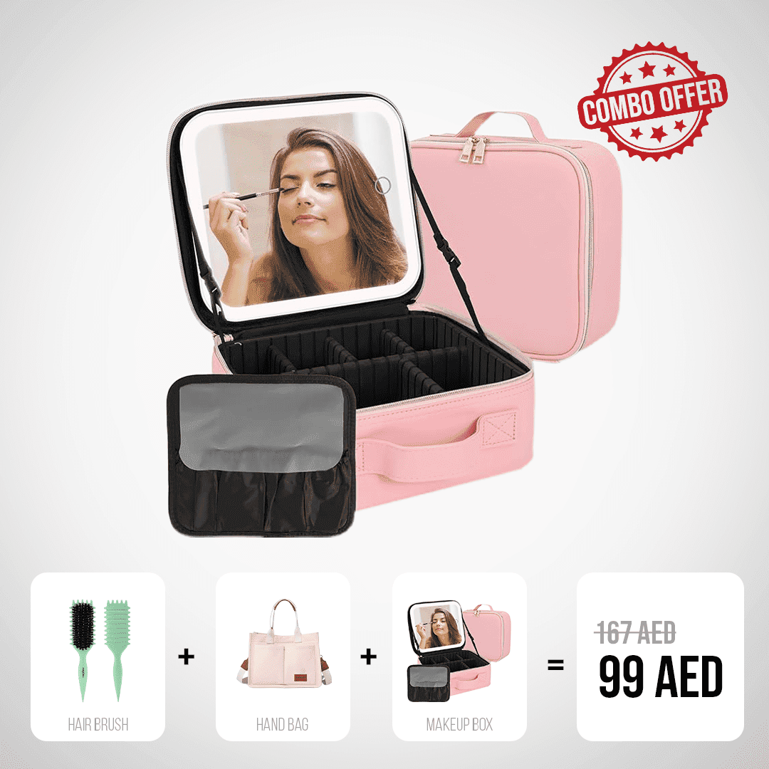 Makeup Box with Mirror, Hand Bag & Hair Brushes Combo