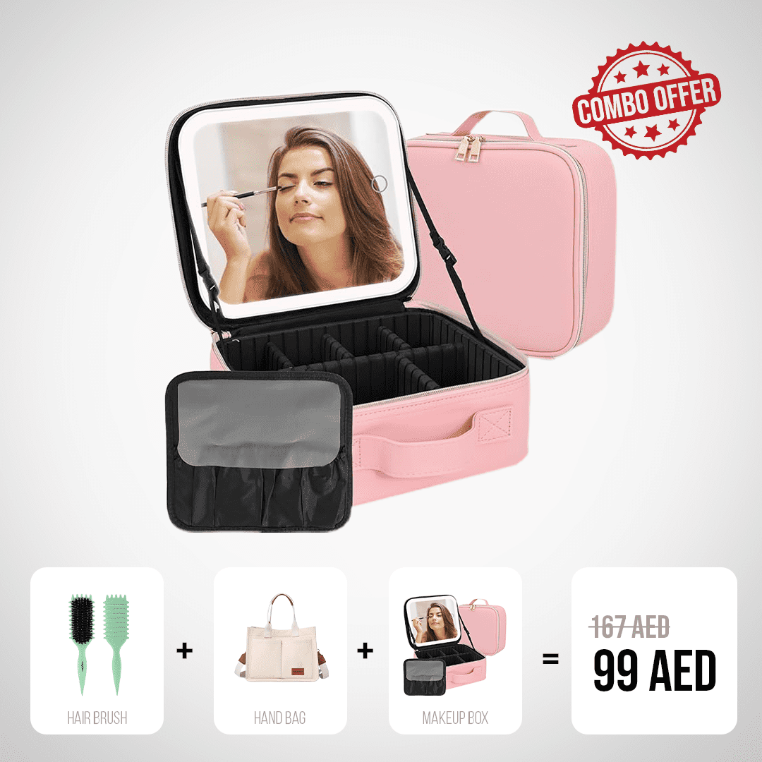 Makeup Box with Mirror, Hand Bag & Hair Brushes Combo