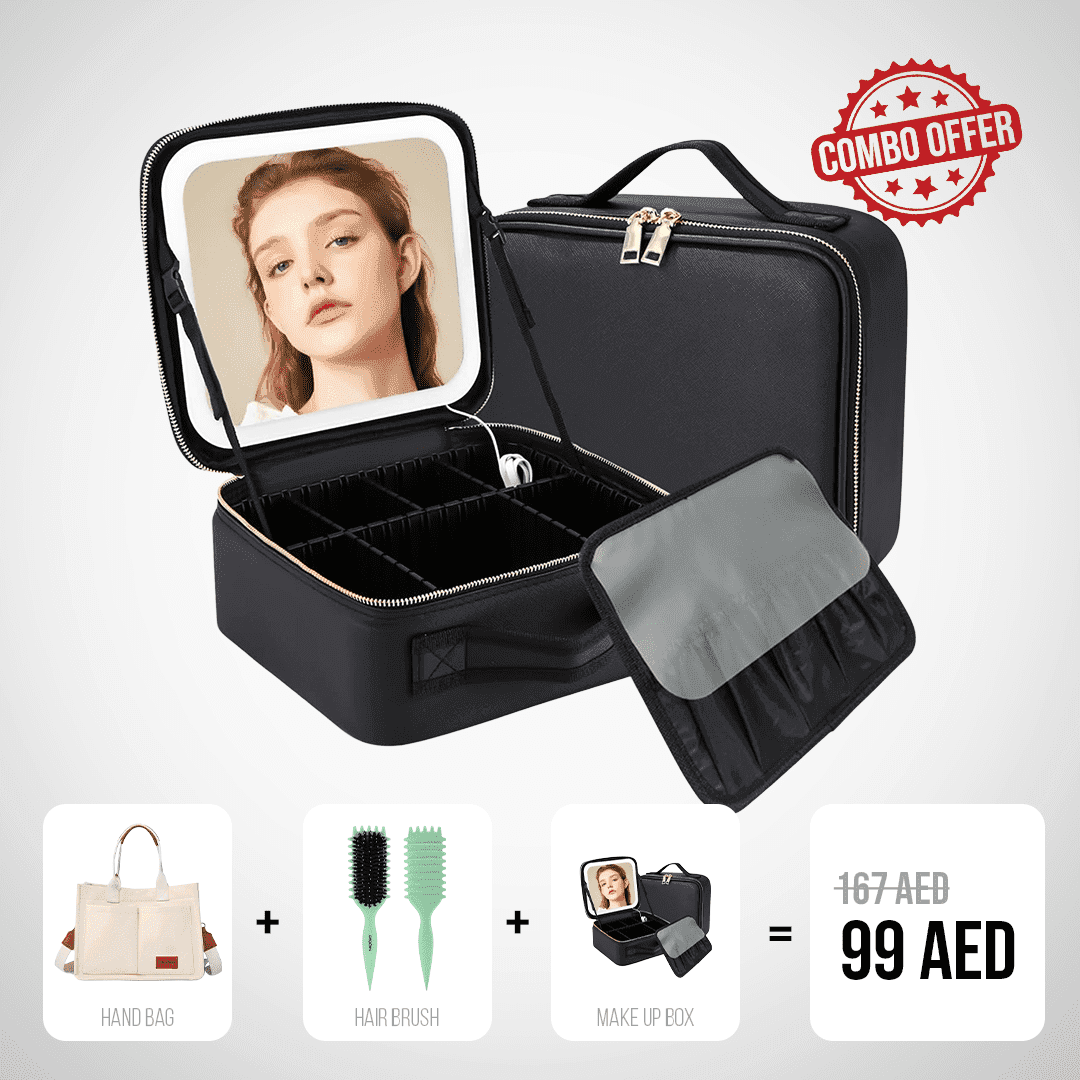 Makeup Box with Mirror, Hair Brushes & Hand Bag Combo
