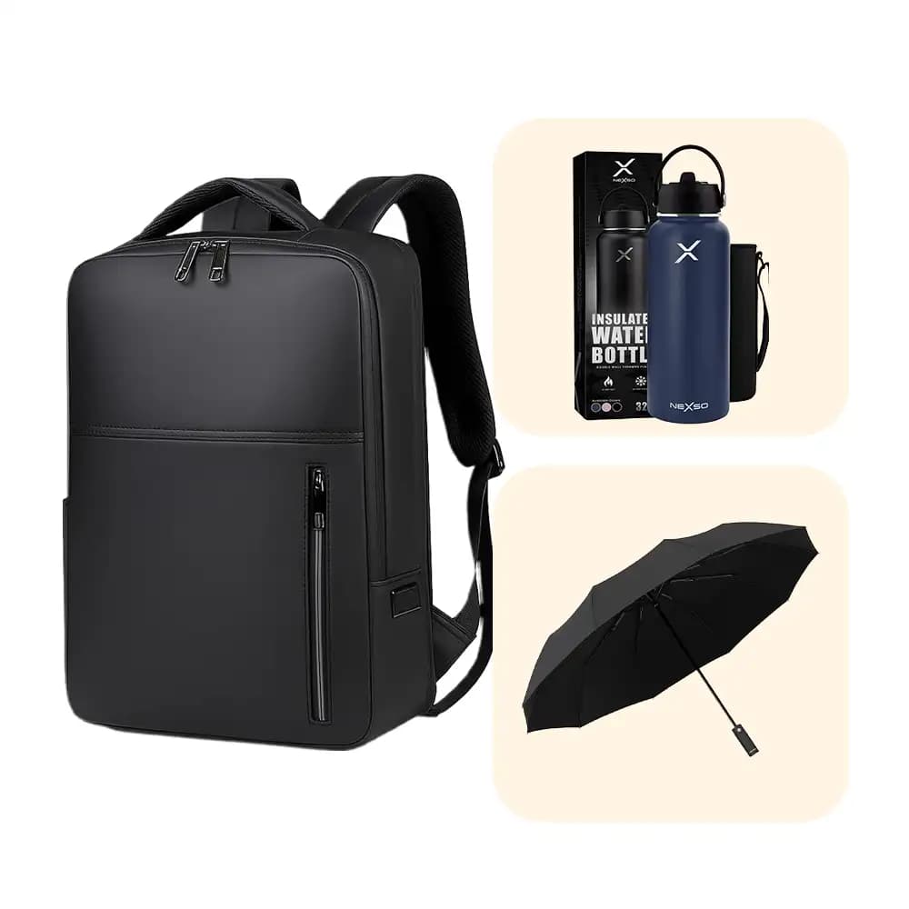 Black Backpack with Insulated Water Bottle and Compact Umbrella