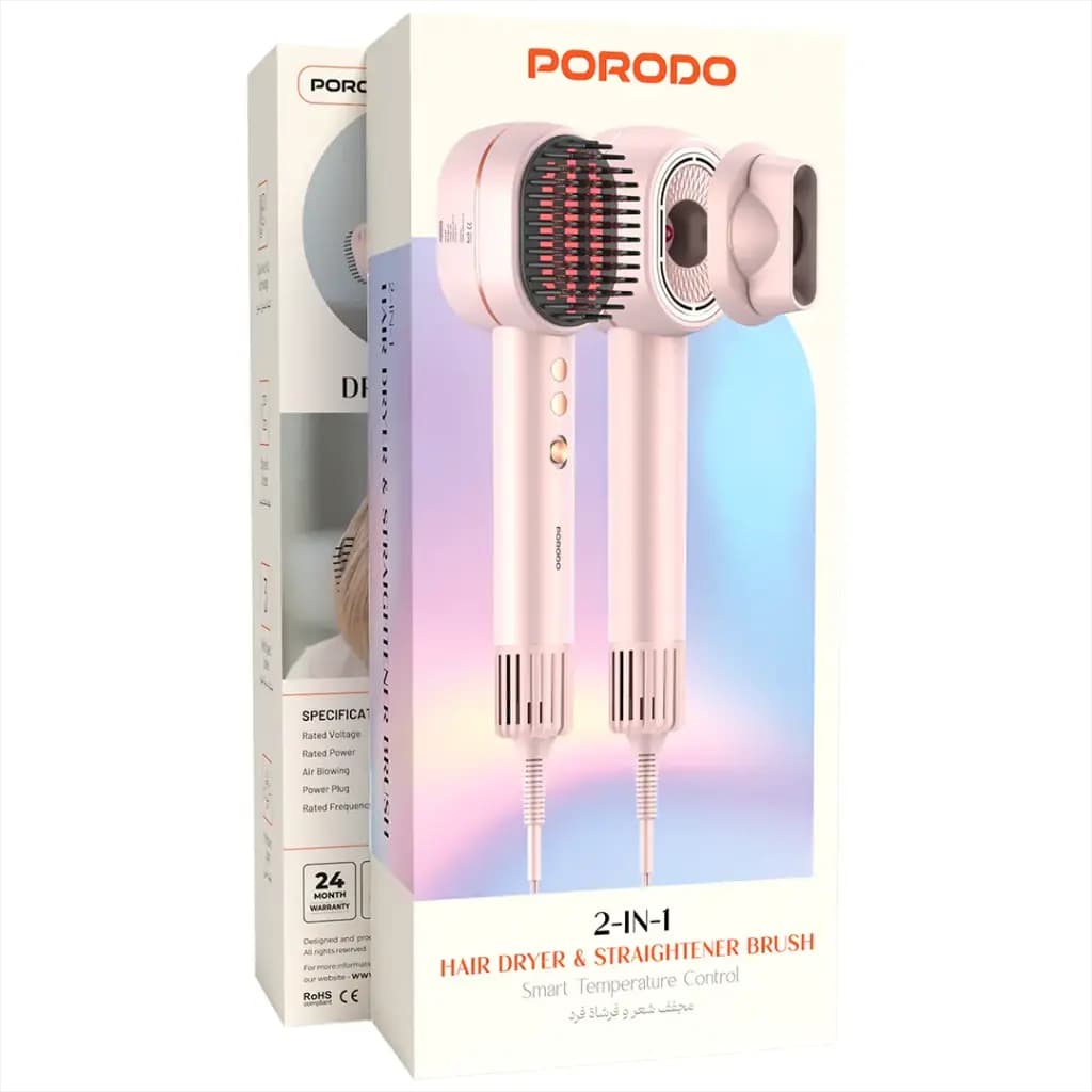 Porodo 2-In-1 Hair Dryer & Straightener Brush with Smart Temperature