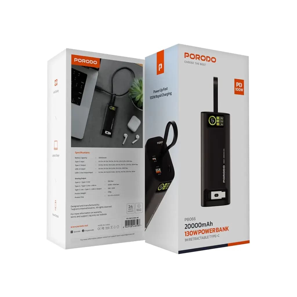 Porodo 20000mAh 130W Power Bank 1M Retractable Type-C Cable