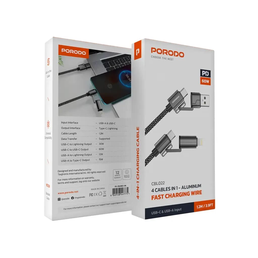Porodo 4-in-1 Aluminum Fast Charger Cable