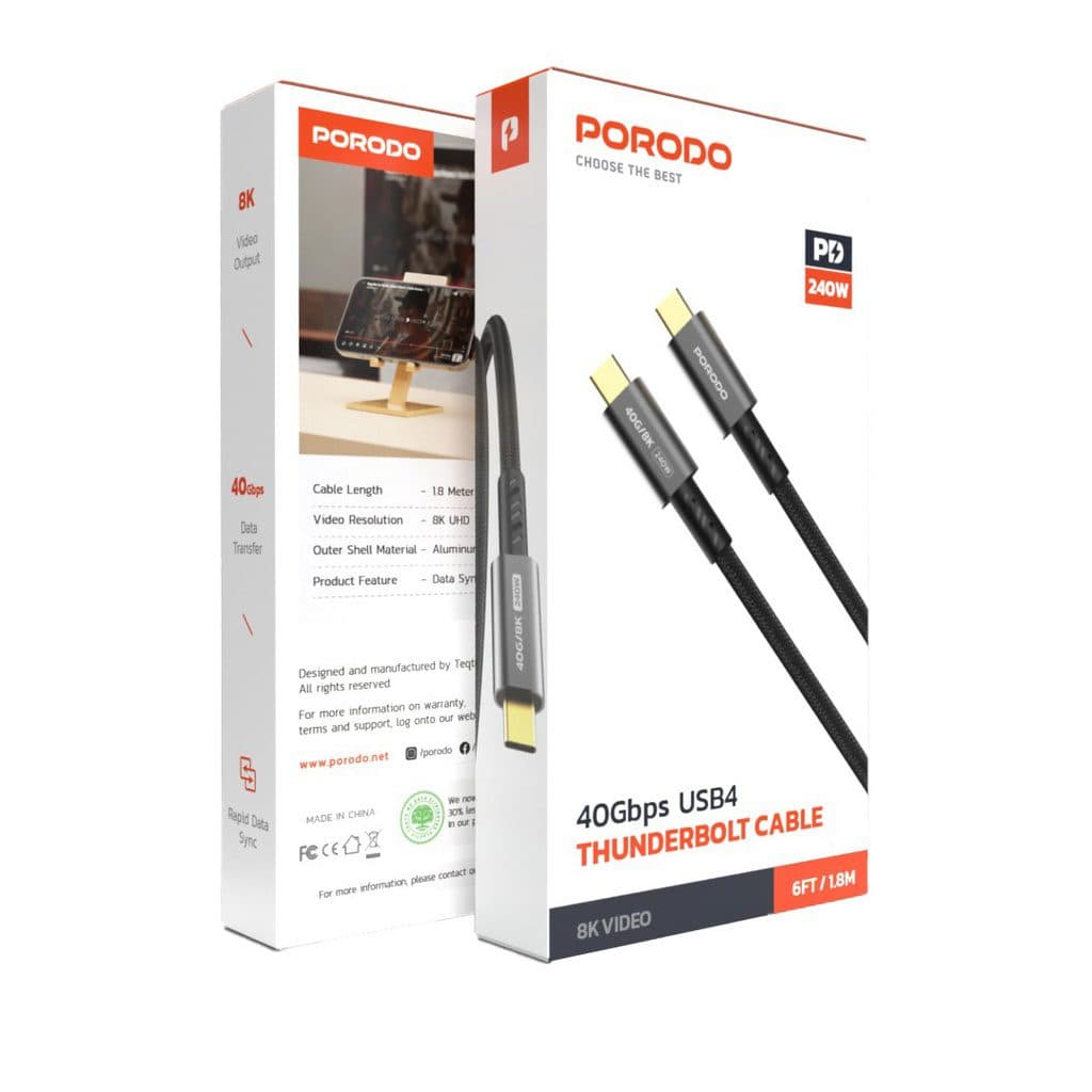 Porodo 40Gbps USB4 Thunderbolt Cable 6Ft/1.8m