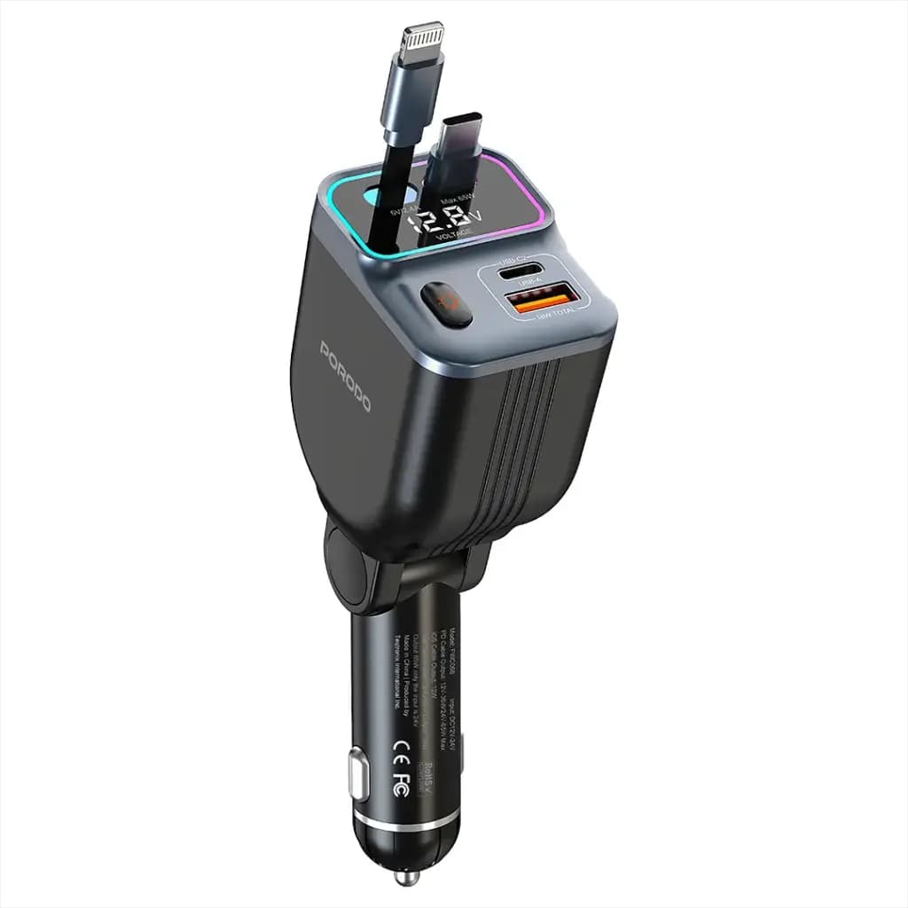 Porodo 65W Car Charger Dual Retractable Cable