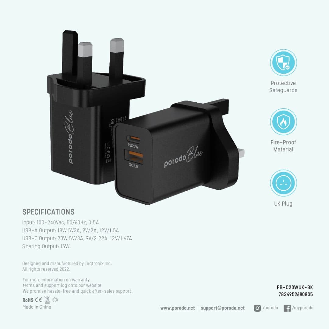 Porodo Blue Dual USB Wall Charger