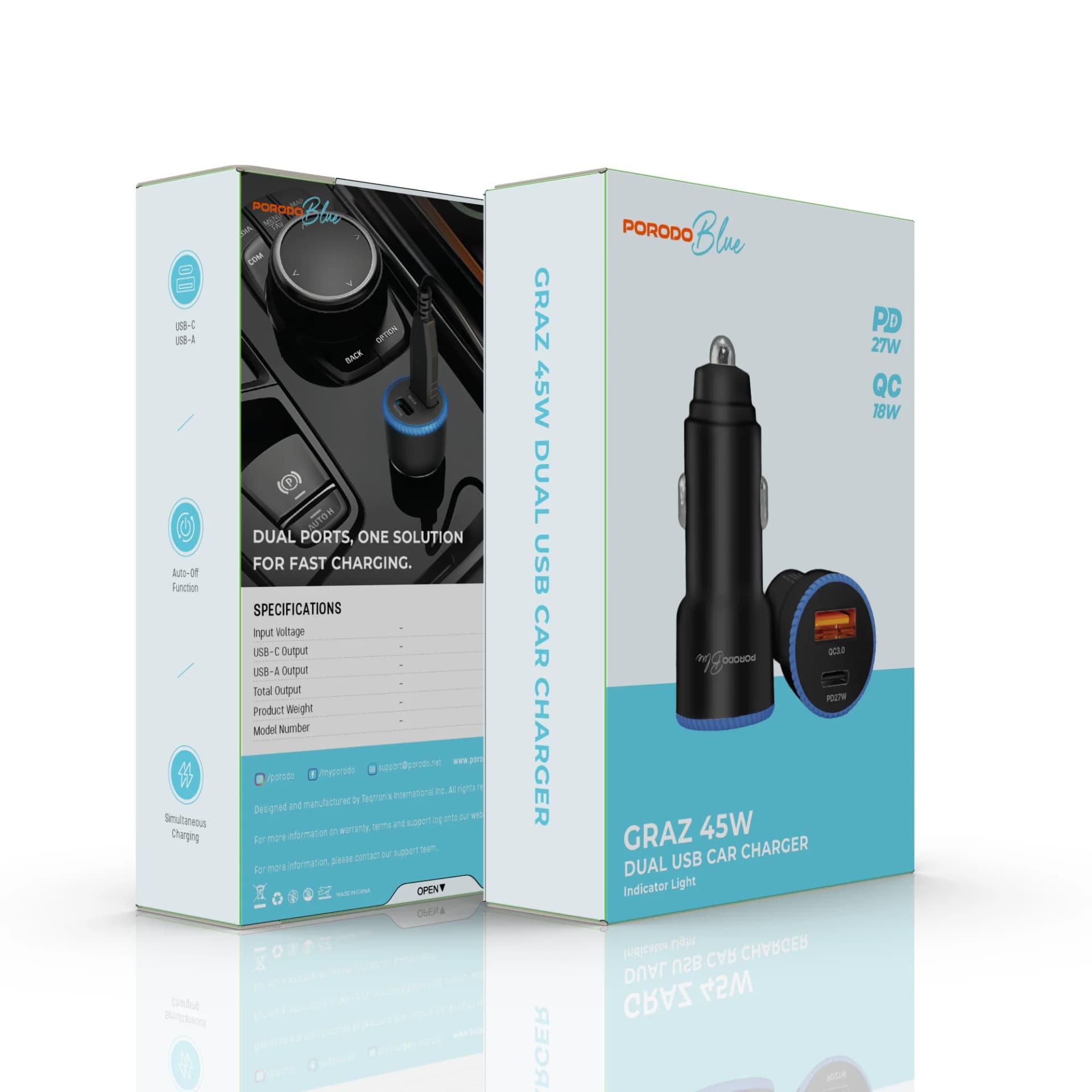 Porodo Blue Graz 45W Dual USB Car Charger