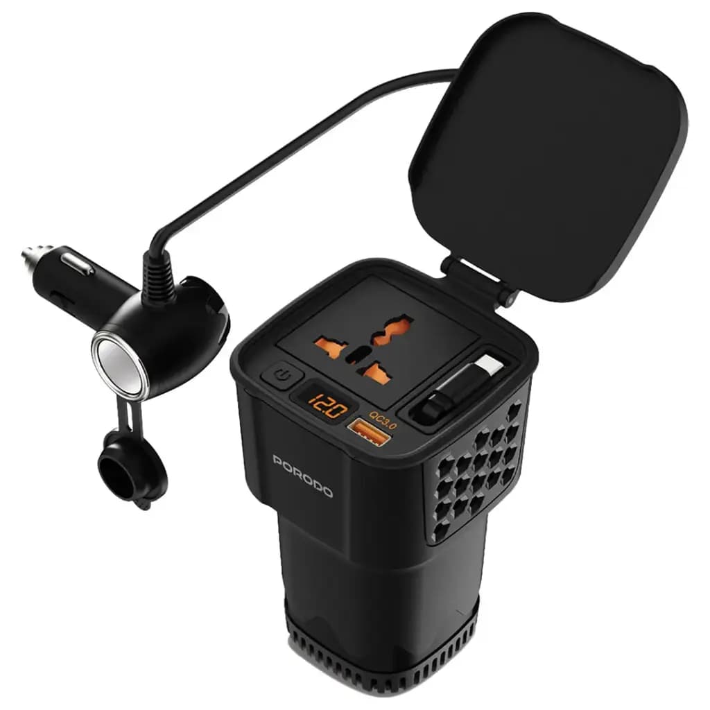 Porodo DriveStation 200W Car Power Inverter with Real-Time Voltage Display