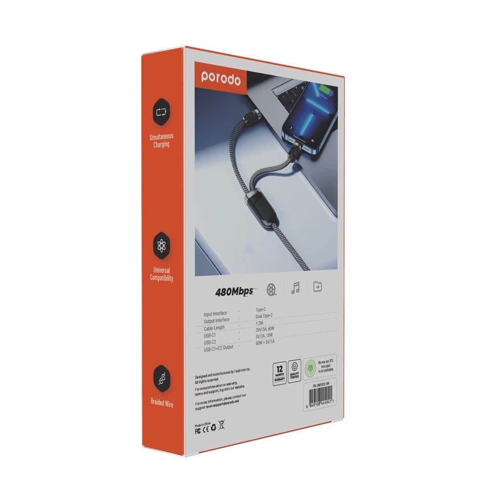 Porodo Dual Type-C Fast Charging Cable USB-C PD Input