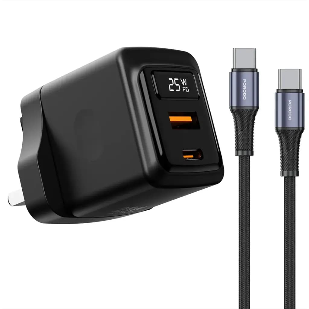 Porodo GaN 25W Dual-Port Wall Charger With Type-C To Type-C Cable