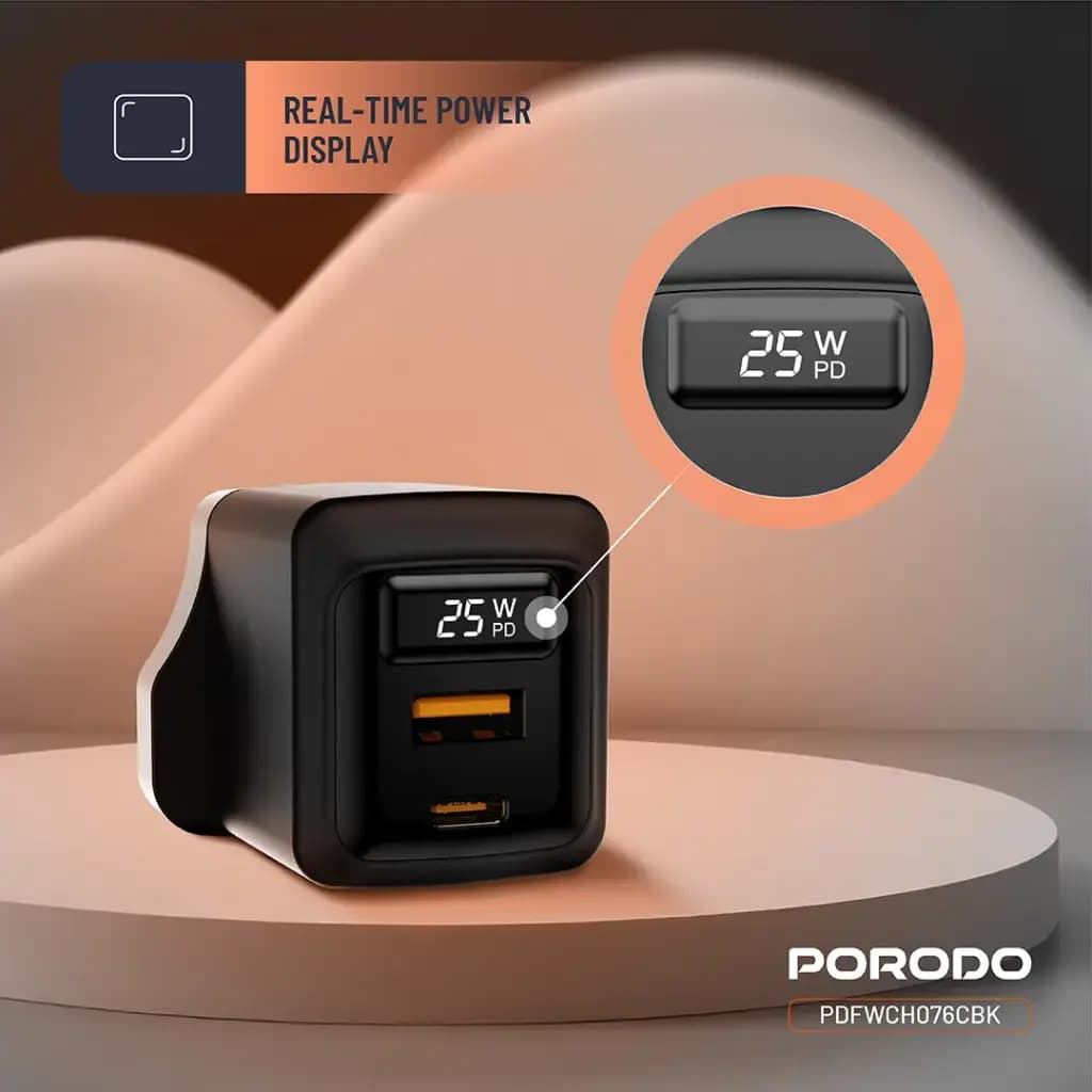 Porodo GaN 25W Dual-Port Wall Charger With Type-C To Type-C Cable