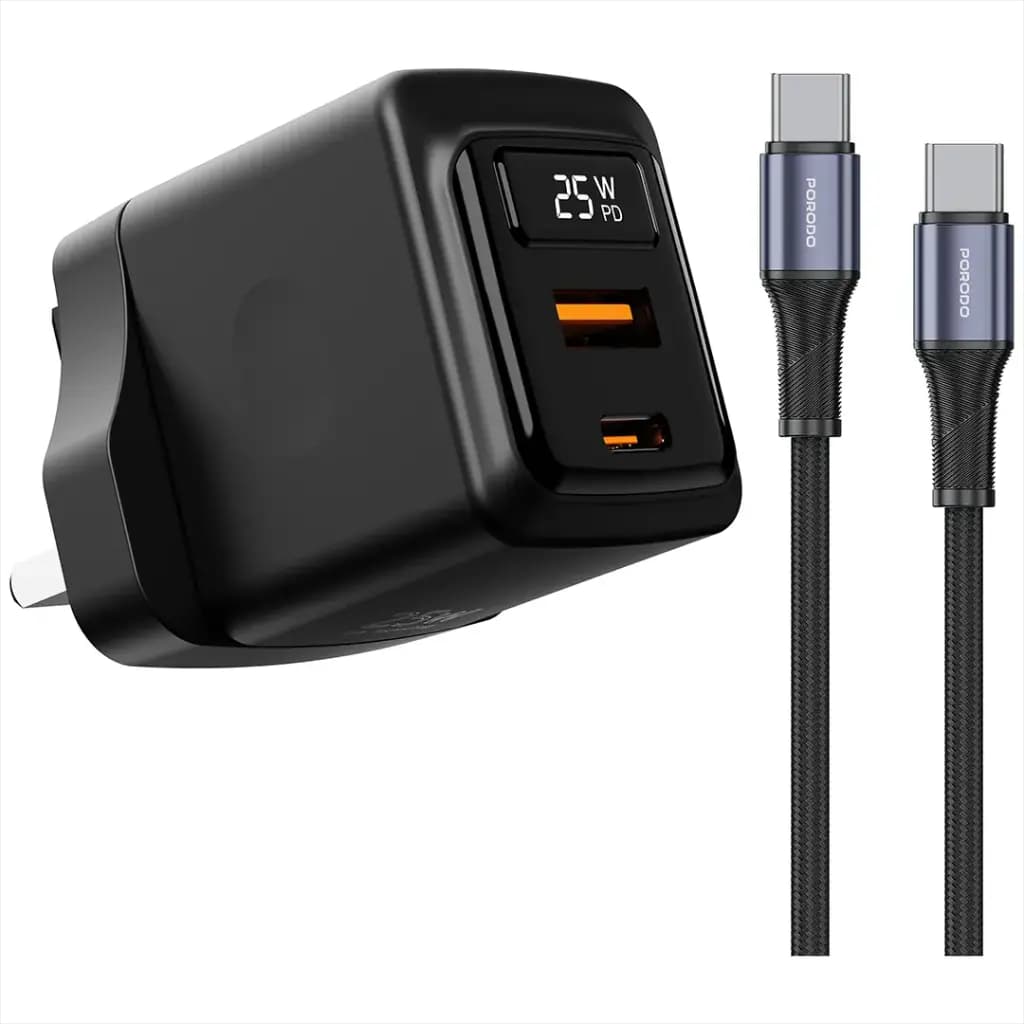 Porodo GaN 25W Dual USB-C Wall Charger With Type-C to Type-C Cable
